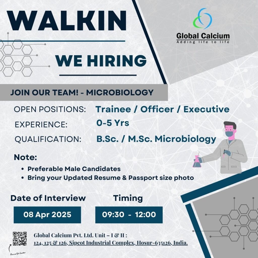 Global Calcium Hiring Freshers & Experienced for Trainee Microbiologist Global Calcium Hiring Freshers & Experienced for Trainee Microbiologist