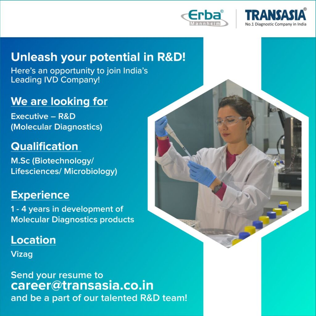 Transasia Bio Hiring for R&D (Molecular Diagnostics) - M.Sc Transasia Bio Hiring for R&D (Molecular Diagnostics) - M.Sc