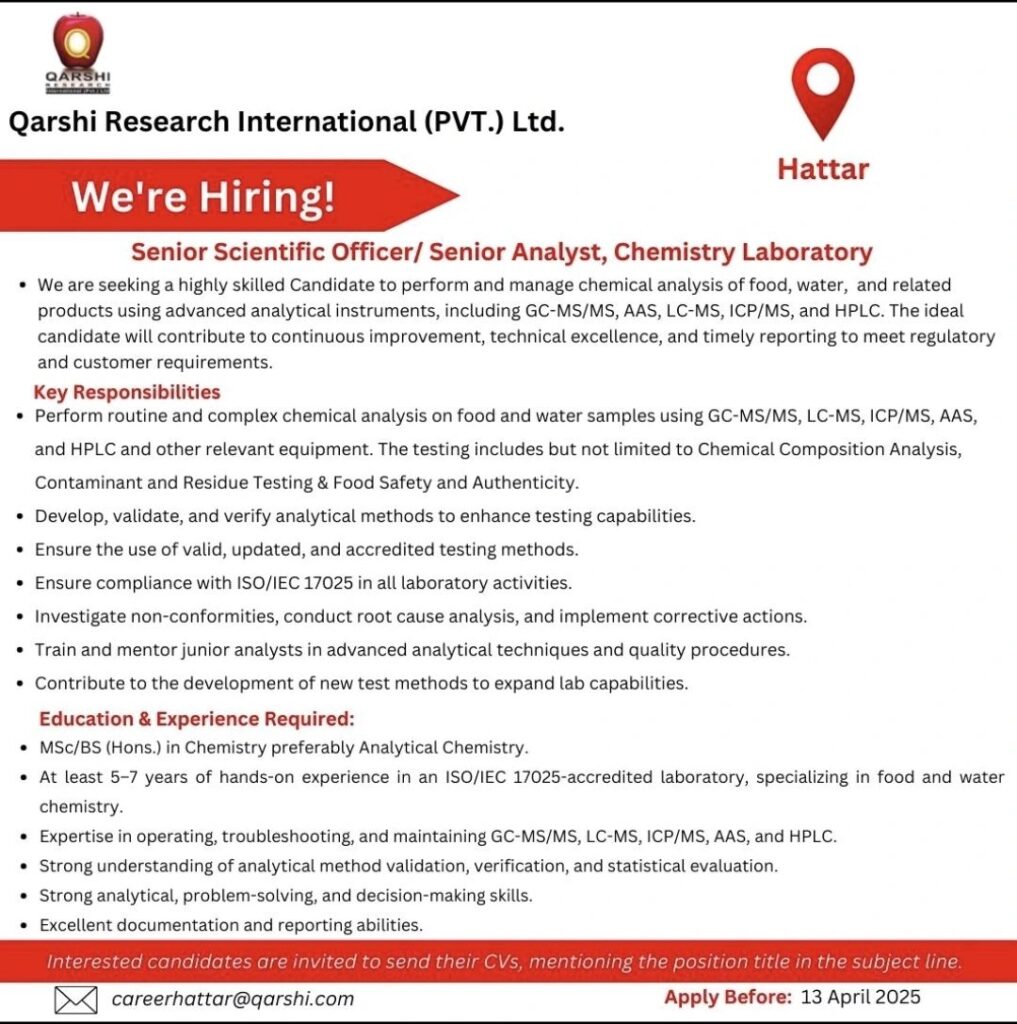 Qarshi Research Hiring for Senior Scientific Officer/Senior Analyst, Chemistry Laboratory Qarshi Research Hiring for Senior Scientific Officer/Senior Analyst, Chemistry Laboratory