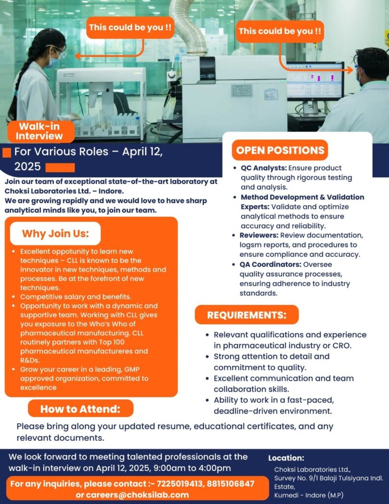 Choksi Laboratories Hiring for QA Coordinators/ QC Analysts/ MD&V/ Reviewers Choksi Laboratories Hiring for QA Coordinators/ QC Analysts/ MD&V/ Reviewers