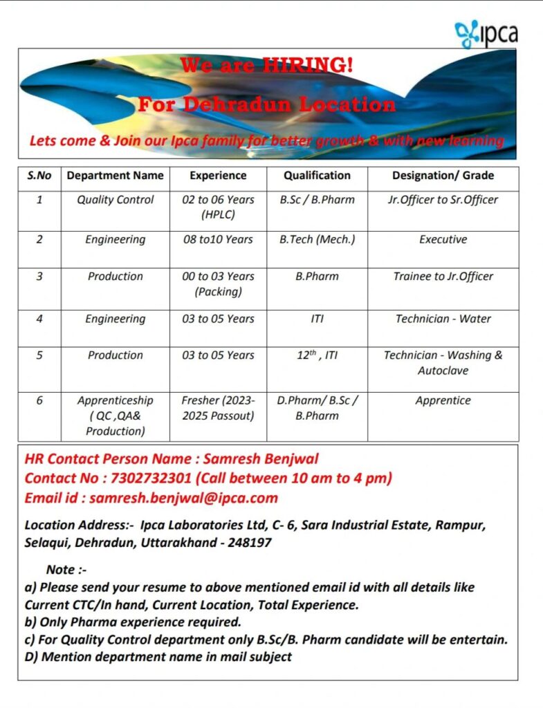 Ipca Laboratories Hiring FRESHERS for Quality Control/ Engineering/ Production Ipca Laboratories Hiring FRESHERS for Quality Control/ Engineering/ Production