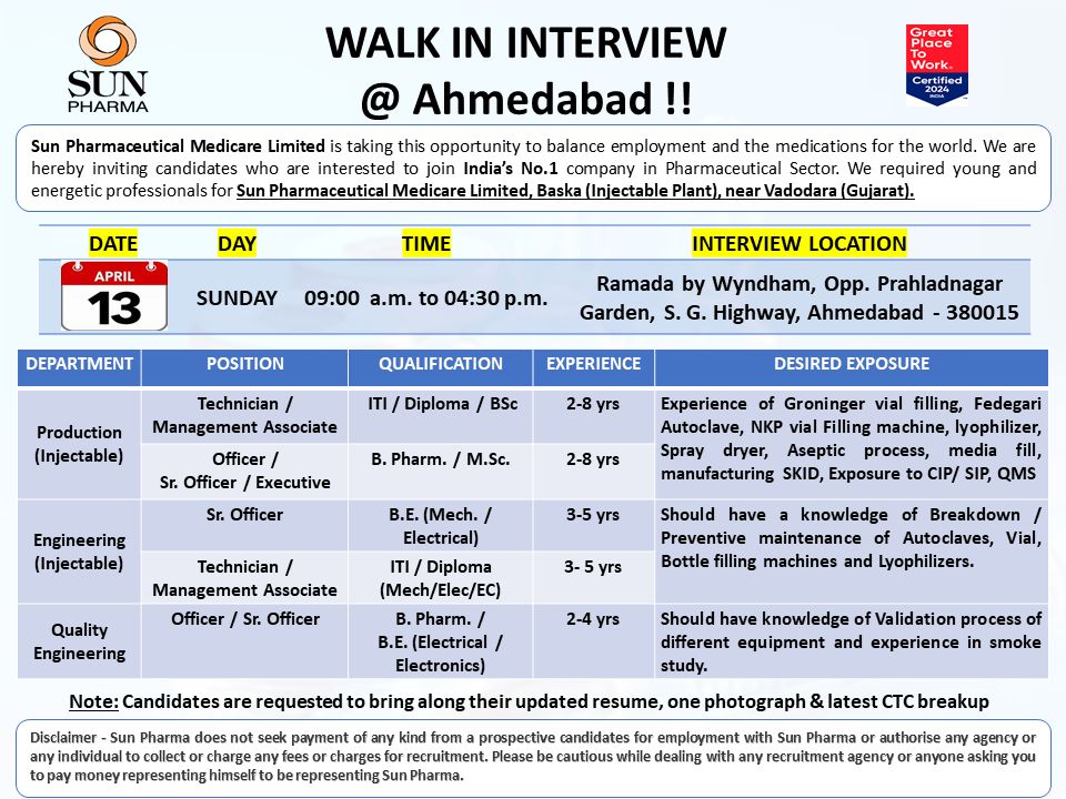 Sun Pharma Hiring for Production/ Engineering/ Quality Engineering Sun Pharma Hiring for Production/ Engineering/ Quality Engineering