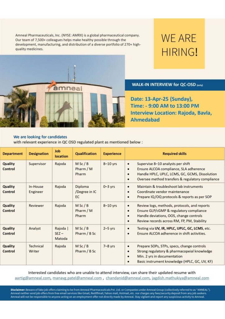 Amneal Pharmaceuticals Hiring for Quality Control (OSD) Amneal Pharmaceuticals Hiring for Quality Control (OSD)