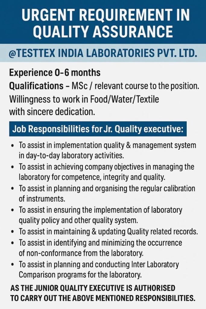 Testtex India Lab Urgent Hiring FRESHER for Quality Assurance Testtex India Lab Urgent Hiring FRESHER for Quality Assurance