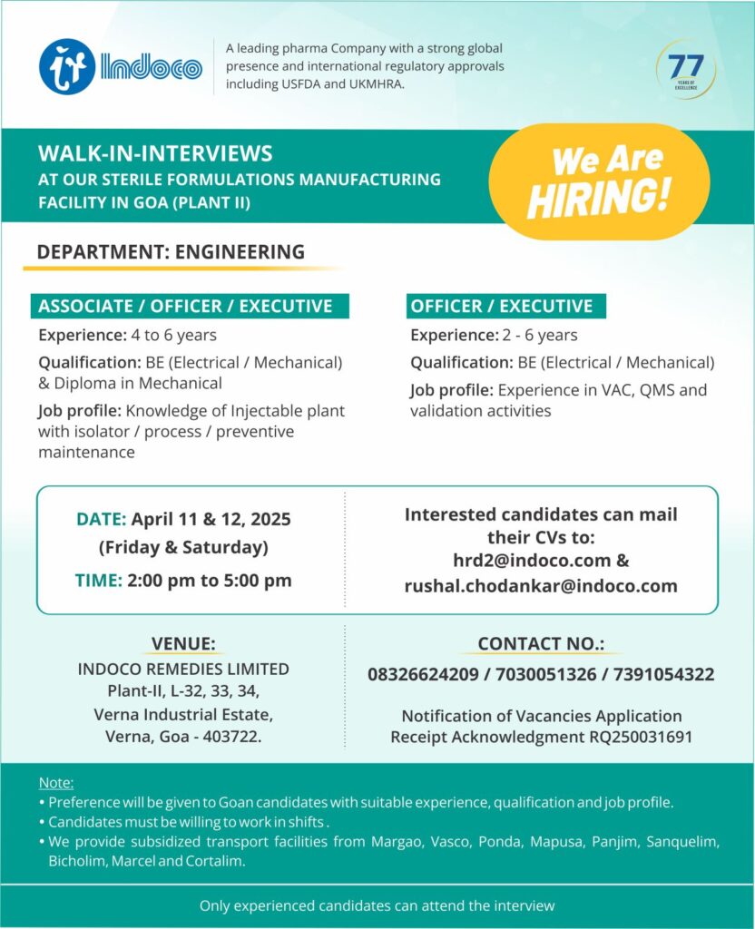 Indoco Remedies Hiring for Engineering Professionals Indoco Remedies Hiring for Engineering Professionals