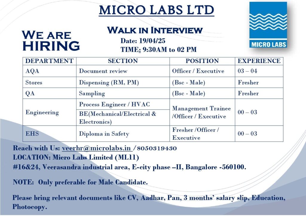 Micro Labs Hiring Freshers & Experienced for AQA / QA/ Stores/ Engineering/ EHS Micro Labs Hiring Freshers & Experienced for AQA / QA/ Stores/ Engineering/ EHS
