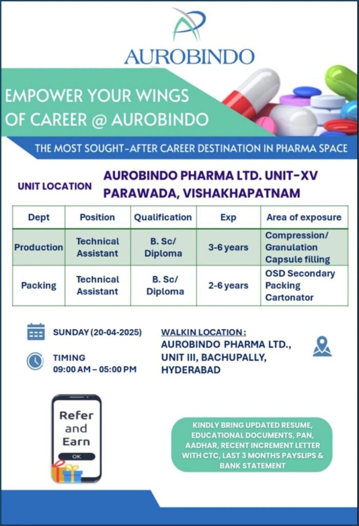 Aurobindo Pharma Hiring for Production/ Packing Aurobindo Pharma Hiring for Production/ Packing