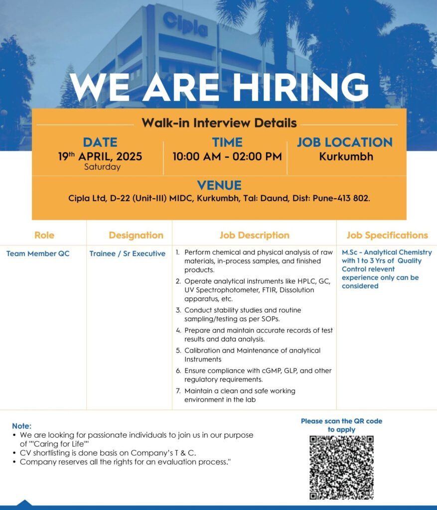 Cipla Limited Hiring for Team Member QC (Trainee/Sr. Executive) Cipla Limited Hiring for Team Member QC (Trainee/Sr. Executive)