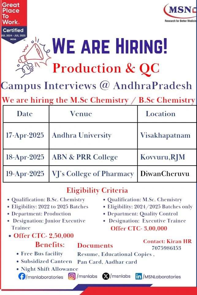 MSN Laboratories Hiring FRESHERS for Production / Quality Control Department MSN Laboratories Hiring FRESHERS for Production / Quality Control Department