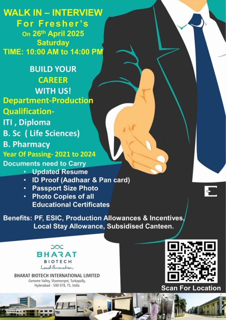 Bharat Biotech Hiring FRESHERS for Production Department Bharat Biotech Hiring FRESHERS for Production Department