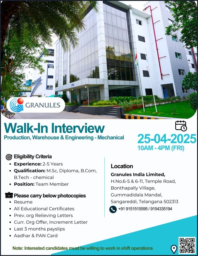 Granules India Limited Hiring for Production, Warehouse & Engineering - Mechanical Granules India Limited Hiring for Production, Warehouse & Engineering - Mechanical