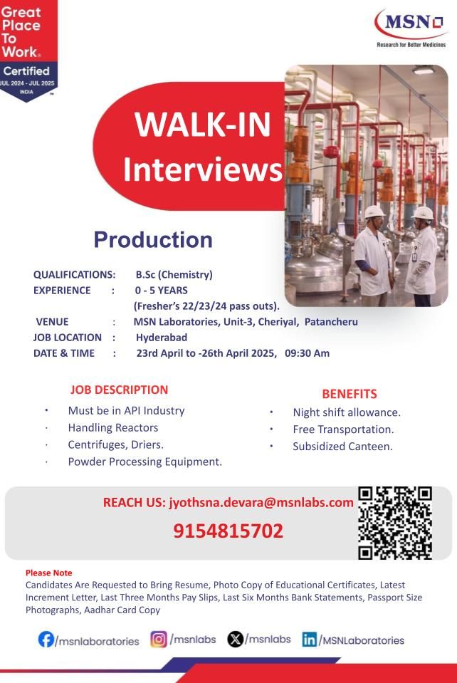 MSN Labs Hiring FRESHERS for Production - B.Sc in Chemistry MSN Labs Hiring FRESHERS for Production - B.Sc in Chemistry