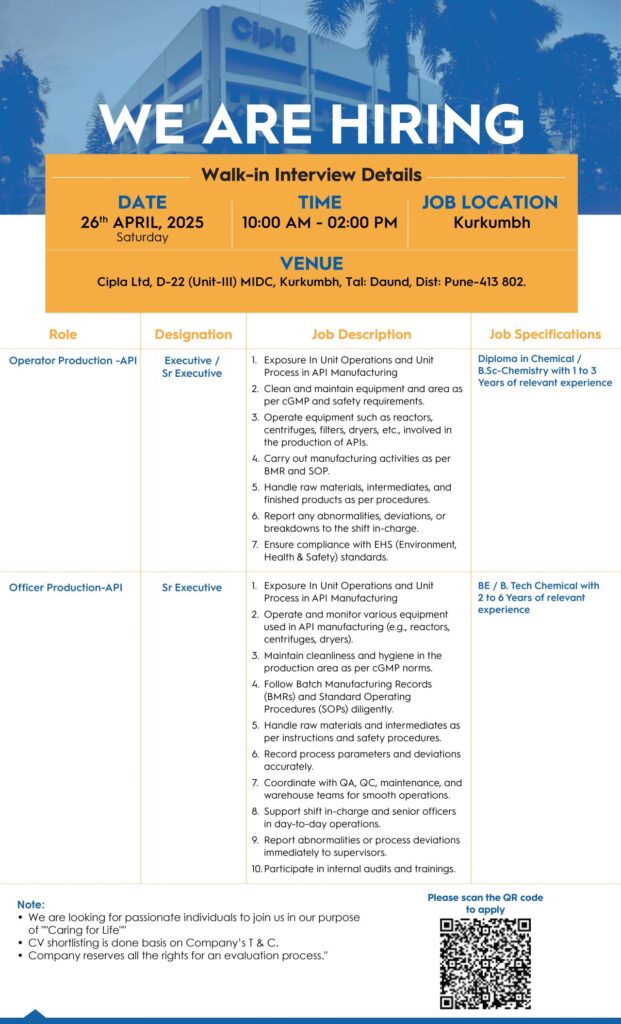 Cipla Limited Hiring for Production - API Cipla Limited Hiring for Production - API
