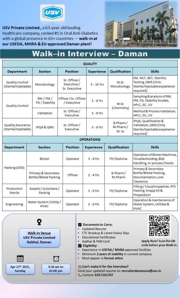 USV Private Limited Hiring for QC/ QA/ Production/ Packing/ Engineering USV Private Limited Hiring for QC/ QA/ Production/ Packing/ Engineering