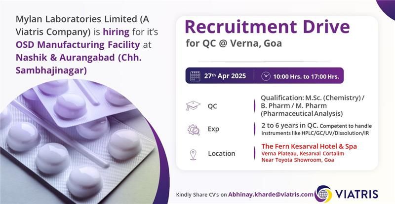 Mylan Laboratories Hiring for QC Professionals Mylan Laboratories Hiring for QC Professionals