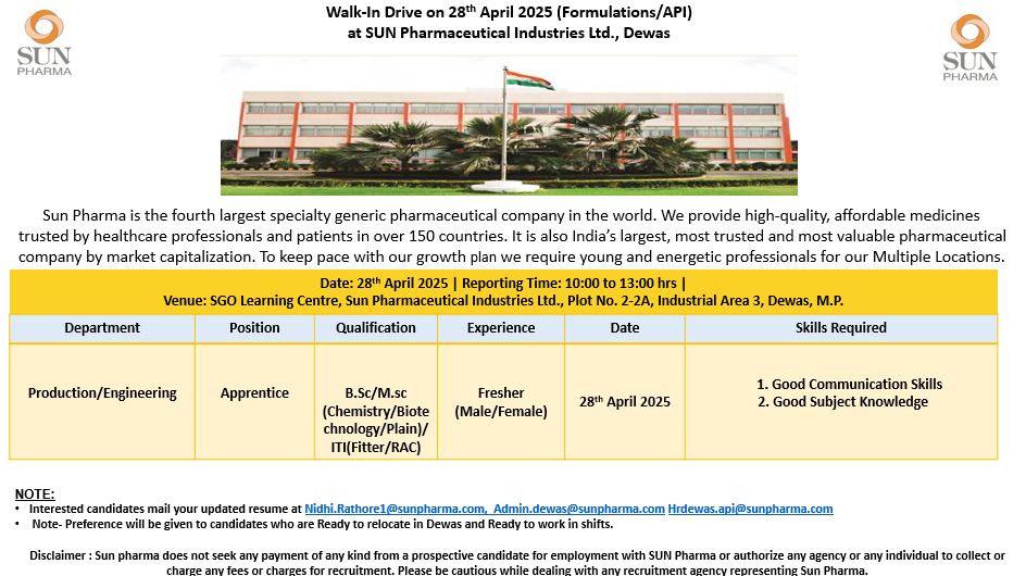 Sun Pharma Hiring Freshers for Production & Engineering Department Sun Pharma Hiring Freshers for Production & Engineering Department