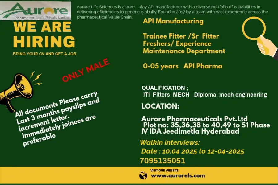 Aurore Pharma Hiring Freshers & Experienced for Quality Assurance / Manufacturing / SRP / Maintenance Aurore Pharma Hiring Freshers & Experienced for Quality Assurance / Manufacturing / SRP / Maintenance