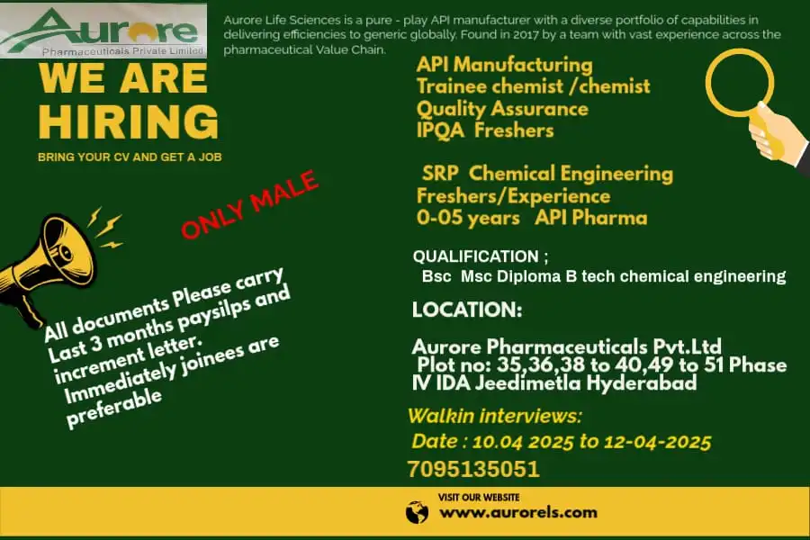 Aurore Pharma Hiring Freshers & Experienced for Quality Assurance / Manufacturing / SRP / Maintenance Aurore Pharma Hiring Freshers & Experienced for Quality Assurance / Manufacturing / SRP / Maintenance