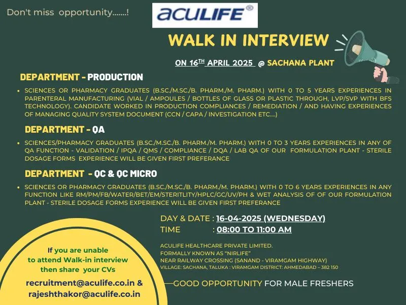 Aculife Healthcare Hiring Freshers & Experienced for Production / QA / QC / QC-Micro Aculife Healthcare Hiring Freshers & Experienced for Production / QA / QC / QC-Micro