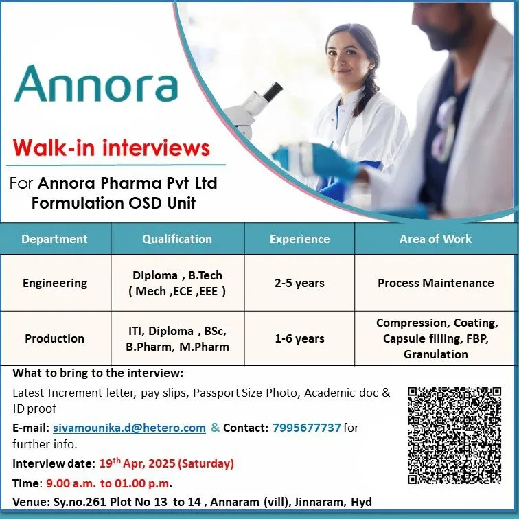 Annora Pharma Hiring for Production & Engineering Roles Annora Pharma Hiring for Production & Engineering Roles