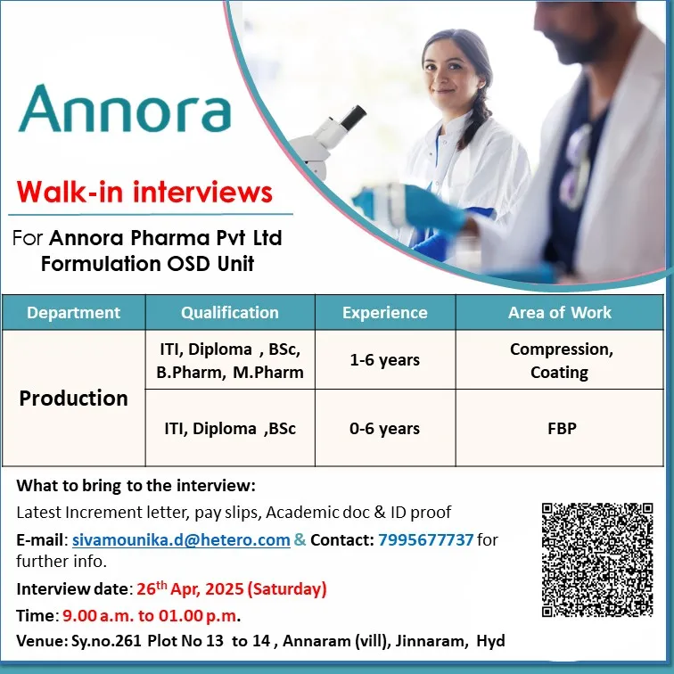 ANNORA Pharma Hiring Freshers & Experienced for Production ANNORA Pharma Hiring Freshers & Experienced for Production