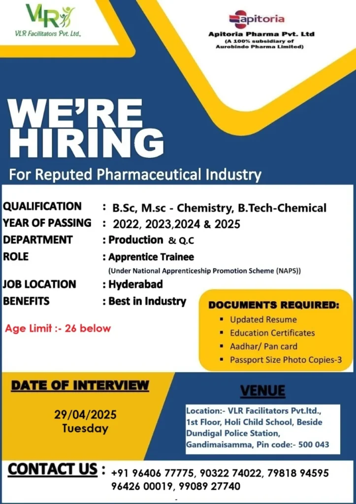 Apitoria Pharma Hiring FRESHERS Production / Quality Control – API Apitoria Pharma Hiring FRESHERS Production / Quality Control – API