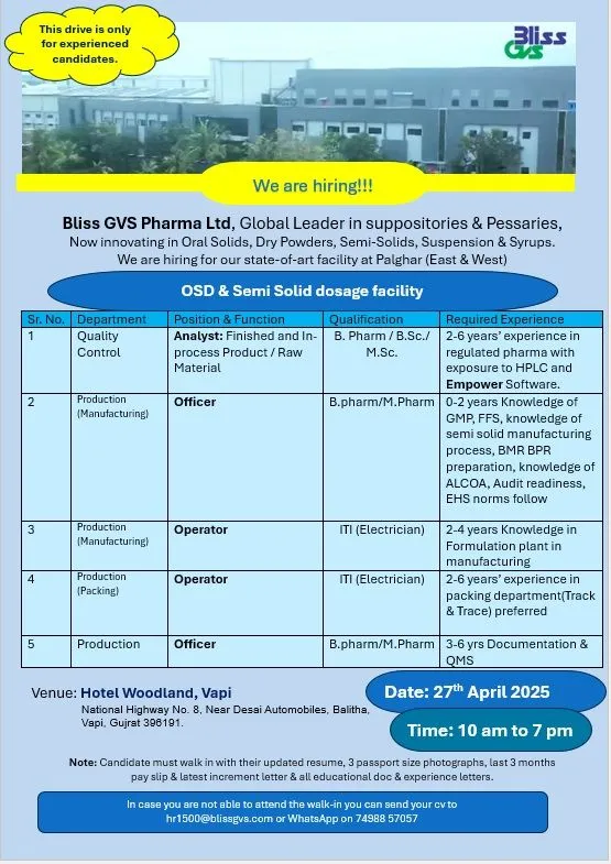 Bliss GVS Pharma Hiring Fresher & Experienced for Production / Quality Control Bliss GVS Pharma Hiring Fresher & Experienced for Production / Quality Control