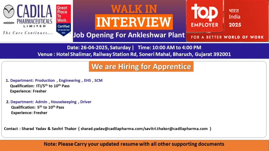Cadila Pharmaceuticals Hiring FRESHERS for Production , Engineering , EHS, SCM, Admin , Housekeeping , Driver Cadila Pharmaceuticals Hiring FRESHERS for Production , Engineering , EHS, SCM, Admin , Housekeeping , Driver