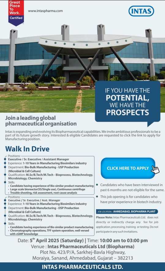 Intas Pharmaceuticals Hiring for Production / Bio-Bulk Manufacturing Intas Pharmaceuticals Hiring for Production / Bio-Bulk Manufacturing