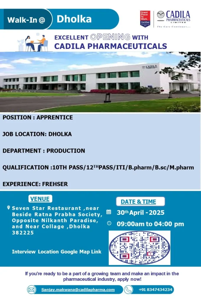 Cadila Pharmaceuticals Hiring FRESHERS for Production Manufacturing / Packing Cadila Pharmaceuticals Hiring FRESHERS for Production Manufacturing / Packing