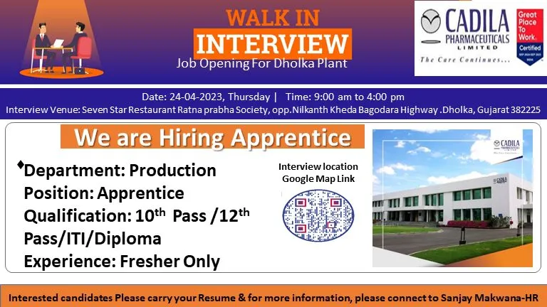 Cadila Pharmaceuticals Hiring FRESHERS for Production Cadila Pharmaceuticals Hiring FRESHERS for Production