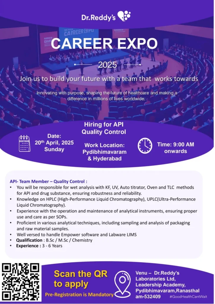 Dr. Reddy's Lab Hiring for API Quality Control - B.Sc, M.Sc Dr. Reddy's Lab Hiring for API Quality Control - B.Sc, M.Sc