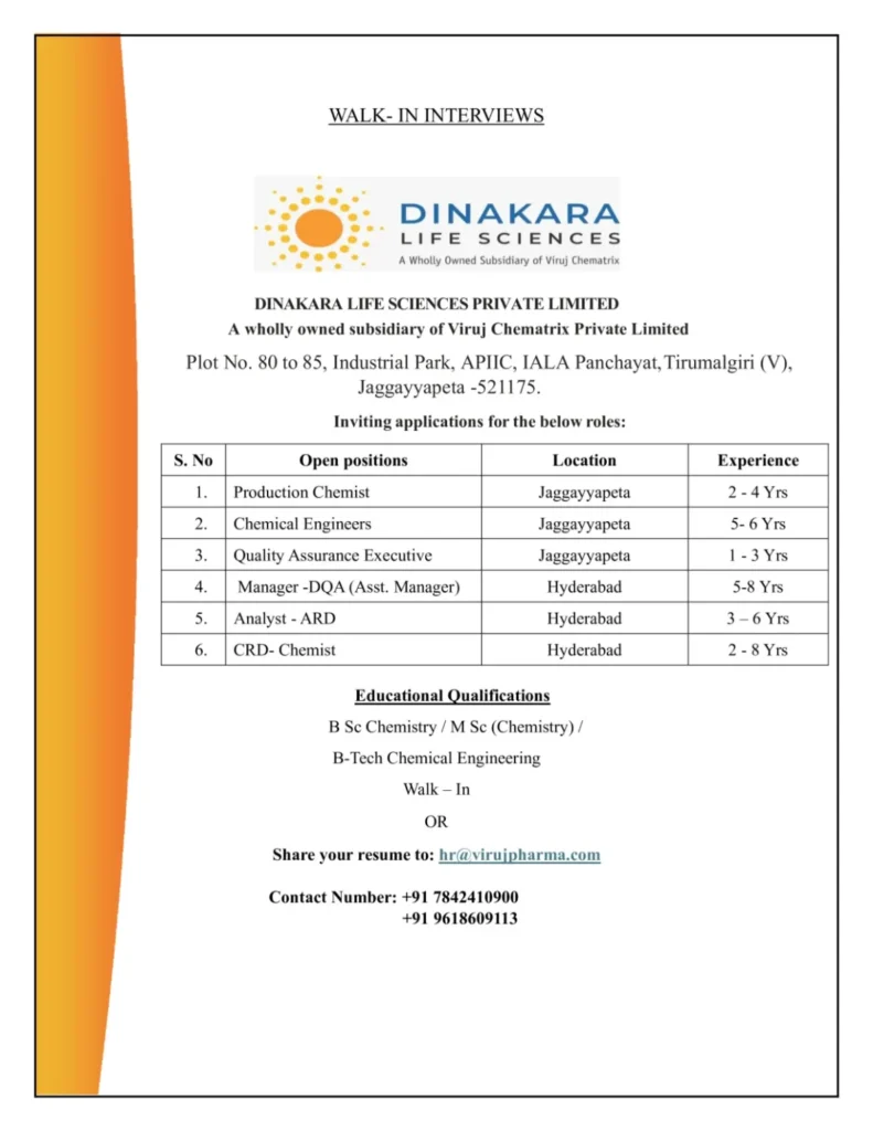 Dinakara Life Sciences Hiring for Production / Quality Assurance / DQA / AR&D / CR&D / Chemical Engineers Dinakara Life Sciences Hiring for Production / Quality Assurance / DQA / AR&D / CR&D / Chemical Engineers