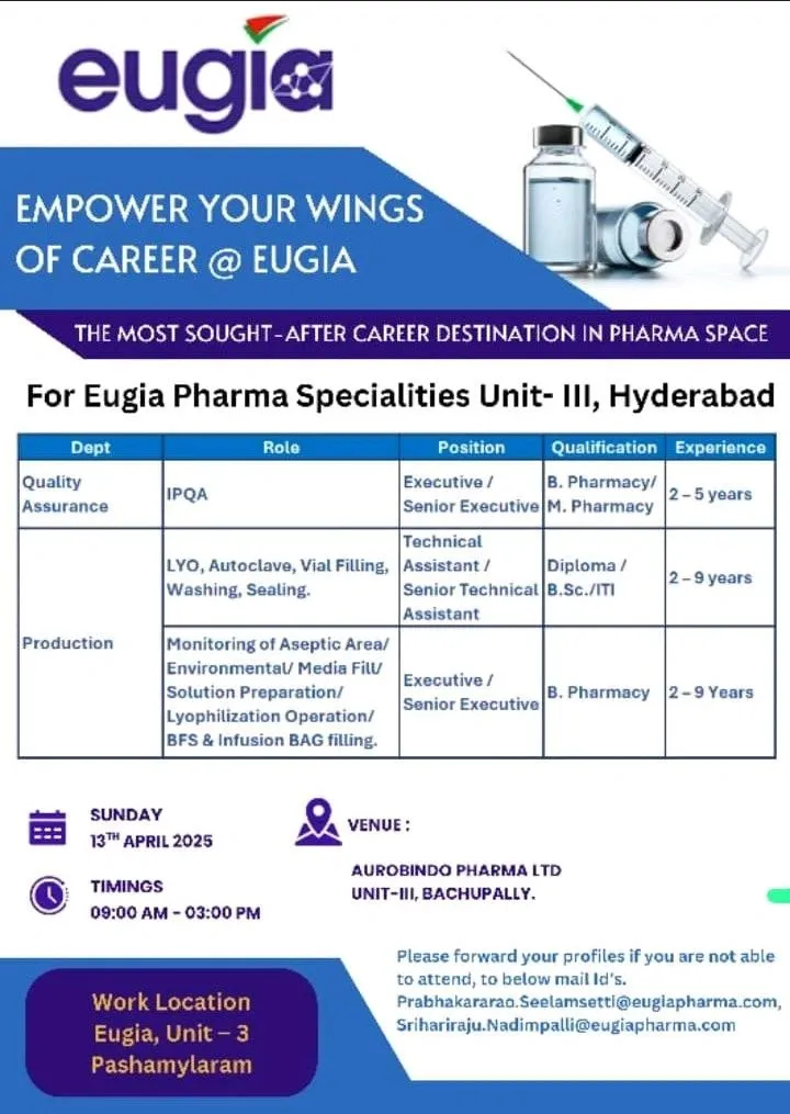 Aurobindo Pharma (Eugia) Hiring for Quality Assurance/ Production Aurobindo Pharma (Eugia) Hiring for Quality Assurance/ Production