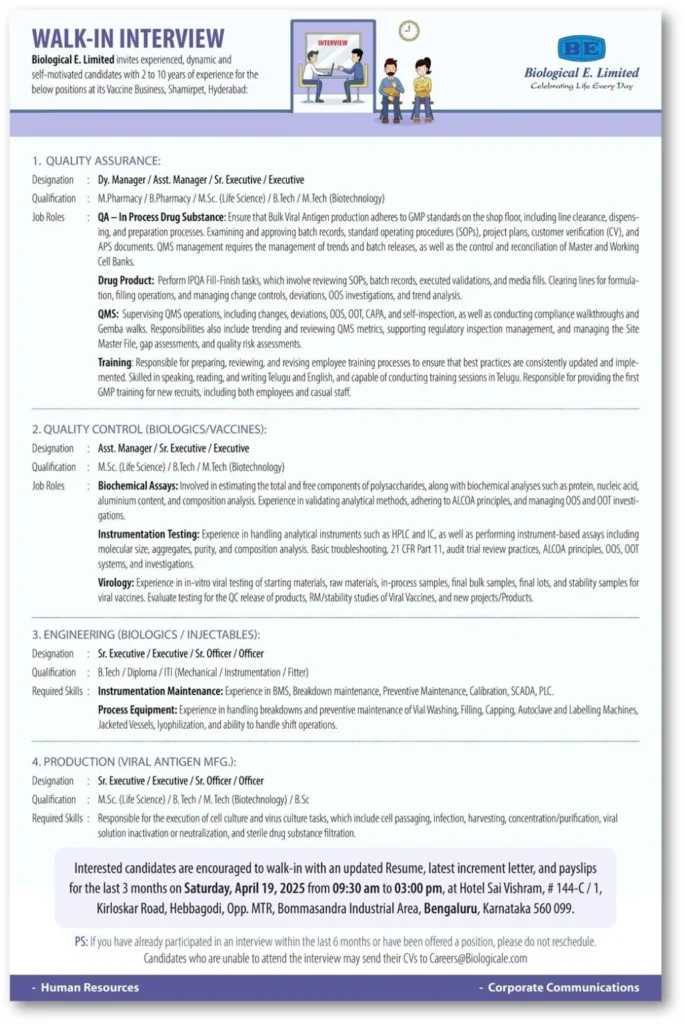 Biological E. Limited Hiring for Production / QC / QA / Engineering Biological E. Limited Hiring for Production / QC / QA / Engineering