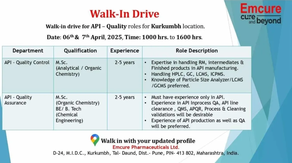Emcure Pharmaceuticals Hiring for API Quality Control and Assurance Roles Emcure Pharmaceuticals Hiring for API Quality Control and Assurance Roles