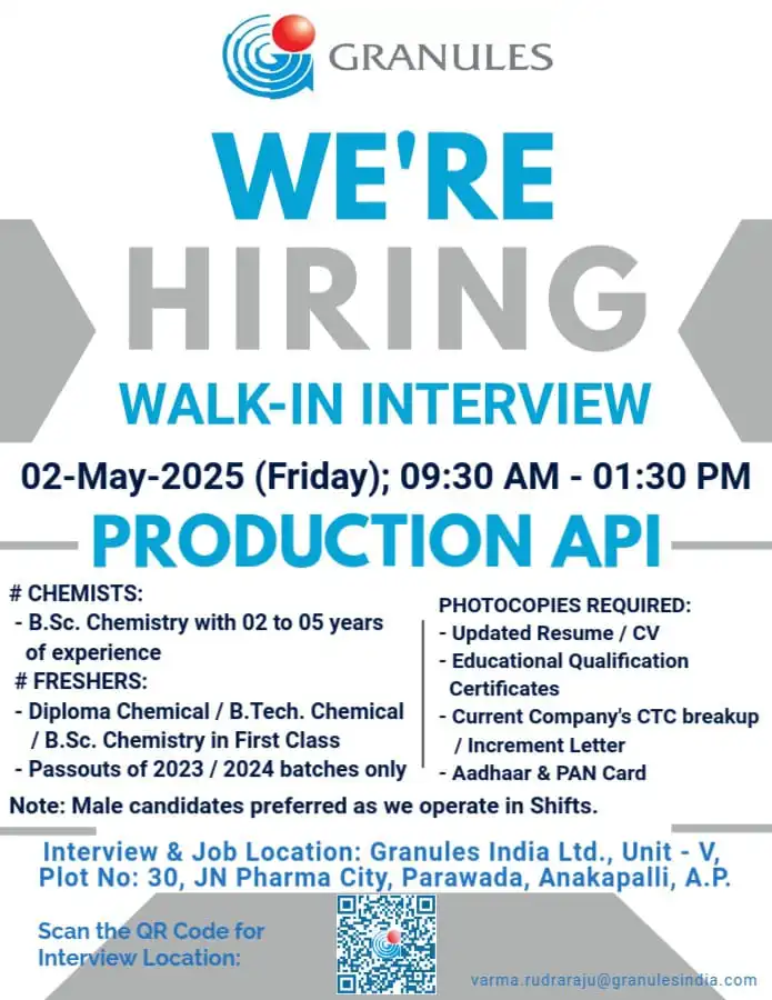 Granules India Hiring Freshers & Experienced for Production API Granules India Hiring Freshers & Experienced for Production API