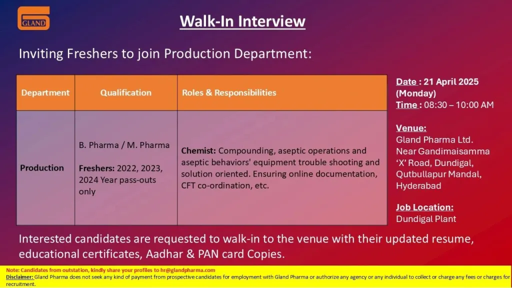 Exciting Job Opportunity: Gland Pharma Hiring FRESHERS for Production Exciting Job Opportunity: Gland Pharma Hiring FRESHERS for Production
