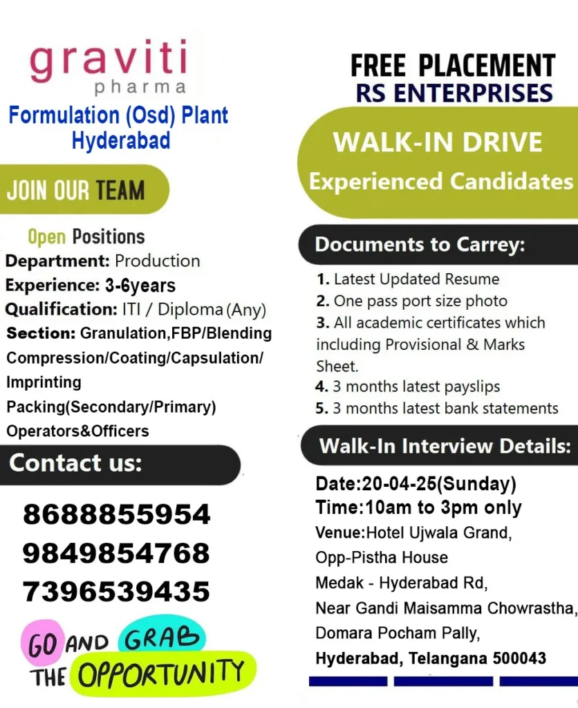 Graviti Pharma Urgent Hiring for Production Department Graviti Pharma Urgent Hiring for Production Department