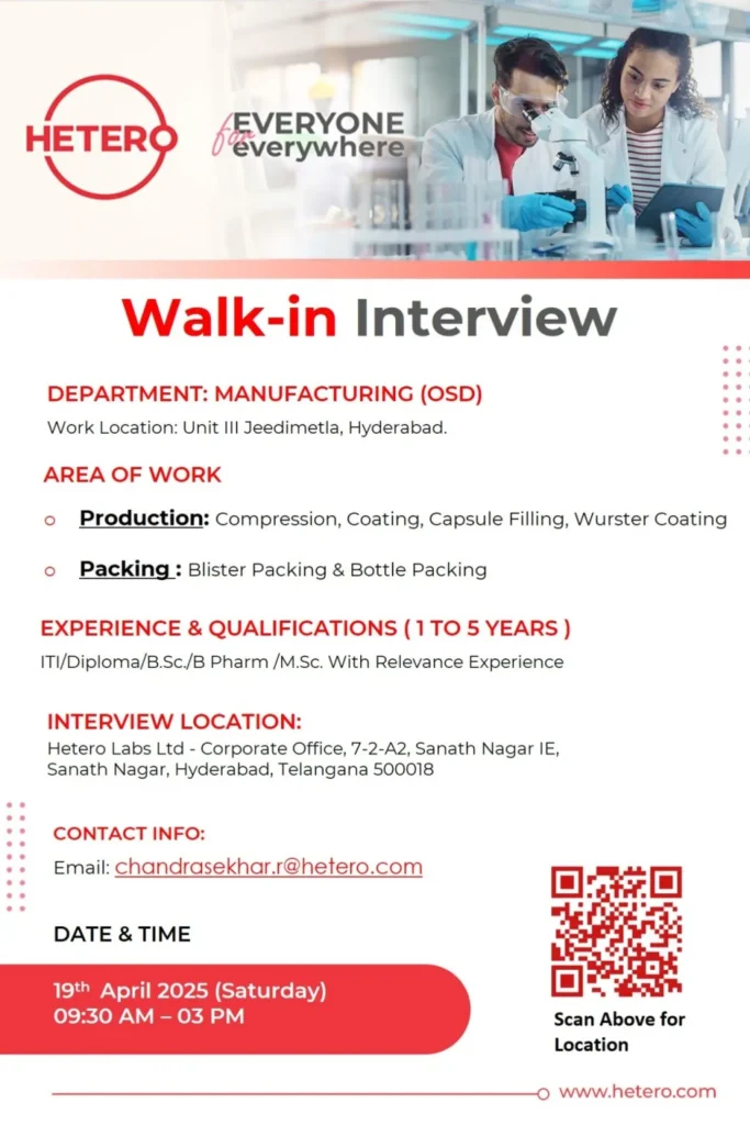 Hetero Labs Hiring for OSD Manufacturing Professionals Hetero Labs Hiring for OSD Manufacturing Professionals