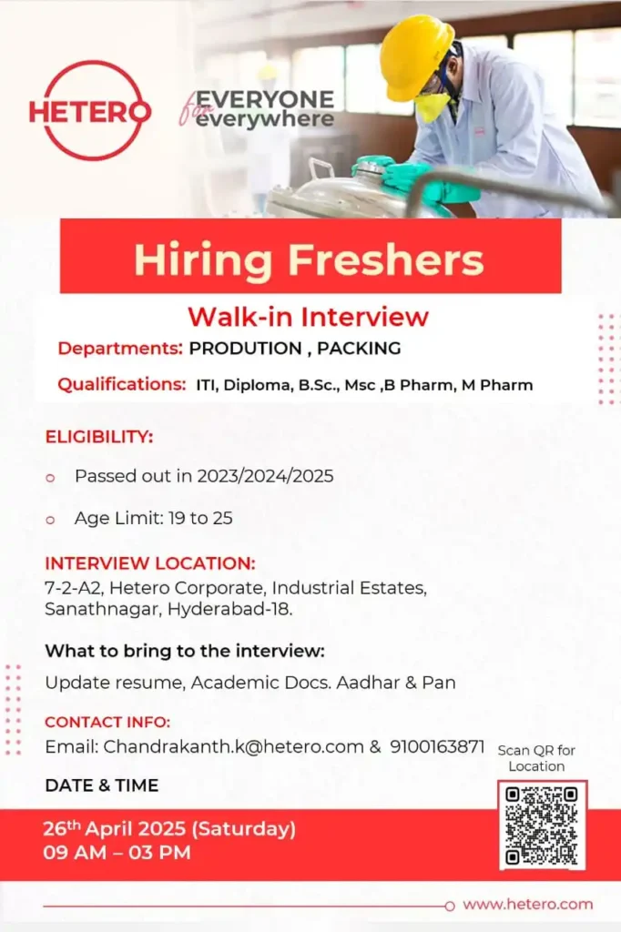 Hetero Labs Hiring FRESHERS for Production & Packing Hetero Labs Hiring FRESHERS for Production & Packing