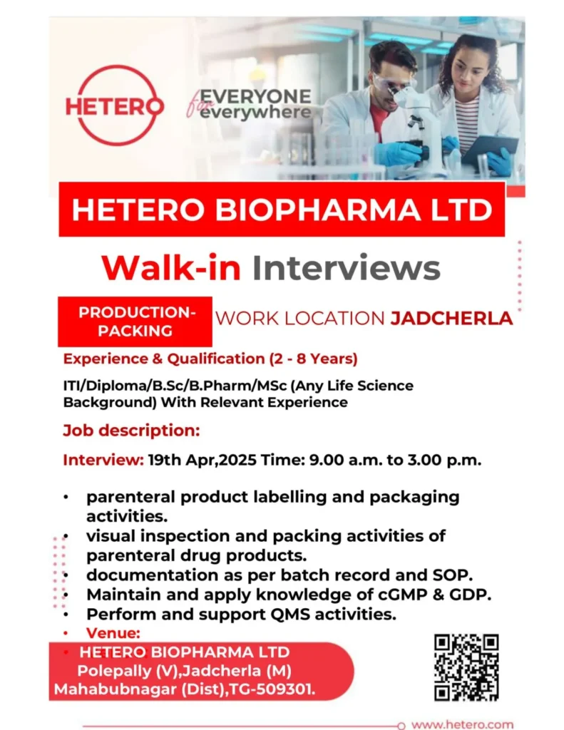 Hetero Biopharma Hiring for Products Packing Hetero Biopharma Hiring for Products Packing