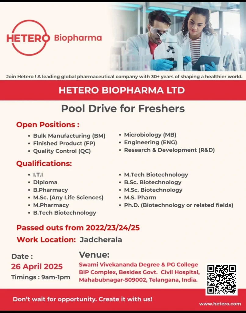 HETERO Biopharma Hiring Freshers for QC/ Bulk Manufacturing/ Finished Product/ Microbiology/ R&D/ Engineering HETERO Biopharma Hiring Freshers for QC/ Bulk Manufacturing/ Finished Product/ Microbiology/ R&D/ Engineering