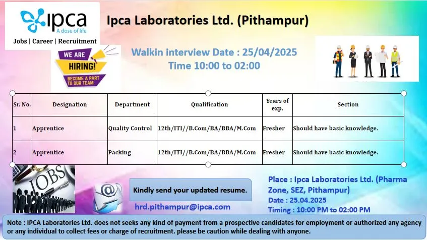Ipca Laboratories Hiring Freshers for Packing / Quality Control Ipca Laboratories Hiring Freshers for Packing / Quality Control