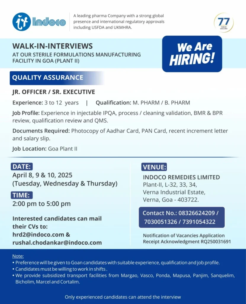 Indoco Remedies Hiring for Quality Assurance Department Indoco Remedies Hiring for Quality Assurance Department