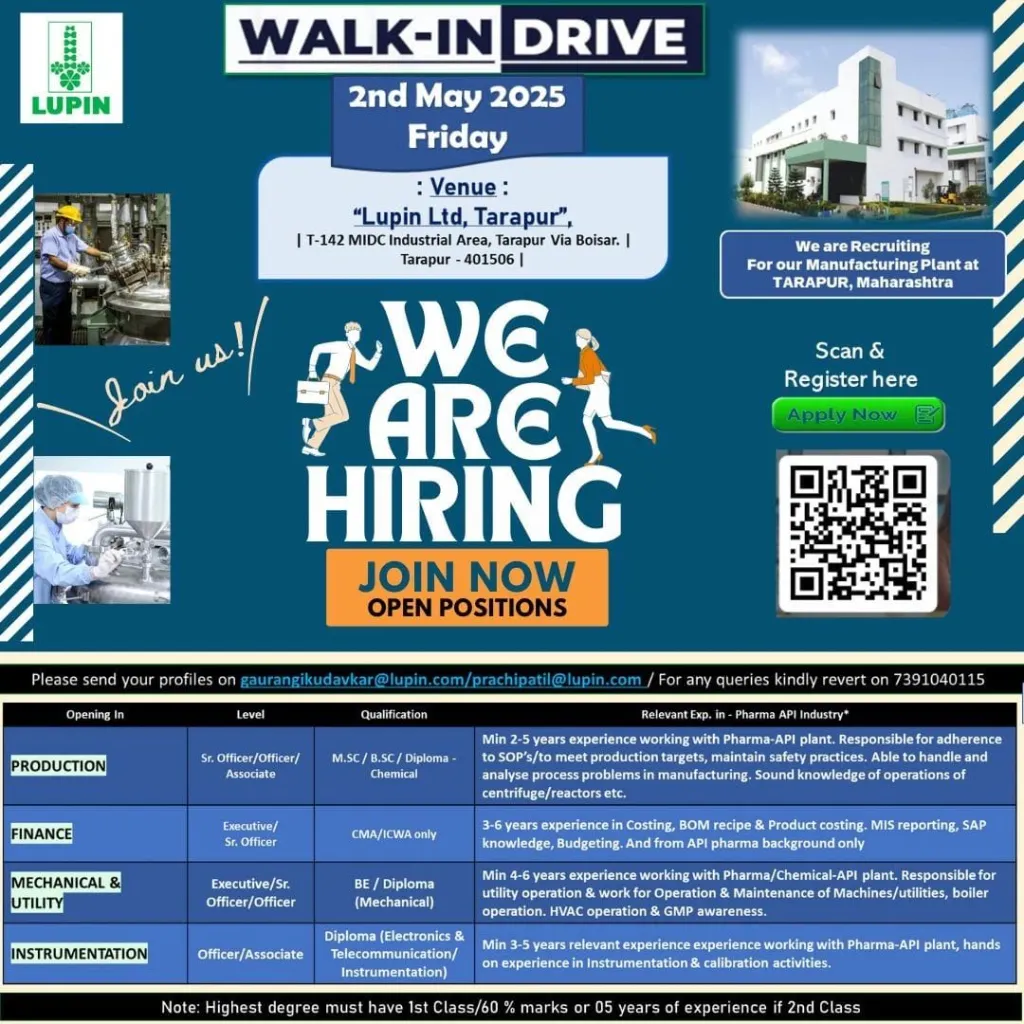 Lupin Limited Hiring for Production / Finance / Mechanical & Utility / Instrumentation Lupin Limited Hiring for Production / Finance / Mechanical & Utility / Instrumentation