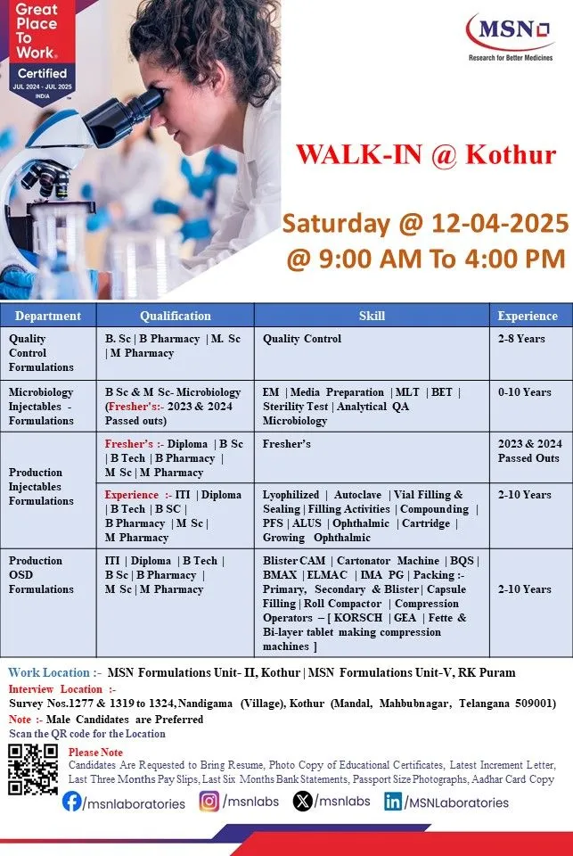MSN LABS Hiring Freshers & Experienced for QA / QC / Production / Microbiology MSN LABS Hiring Freshers & Experienced for QA / QC / Production / Microbiology