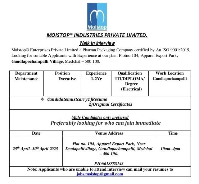Moistop Enterprises Hiring for Maintenance Department Moistop Enterprises Hiring for Maintenance Department