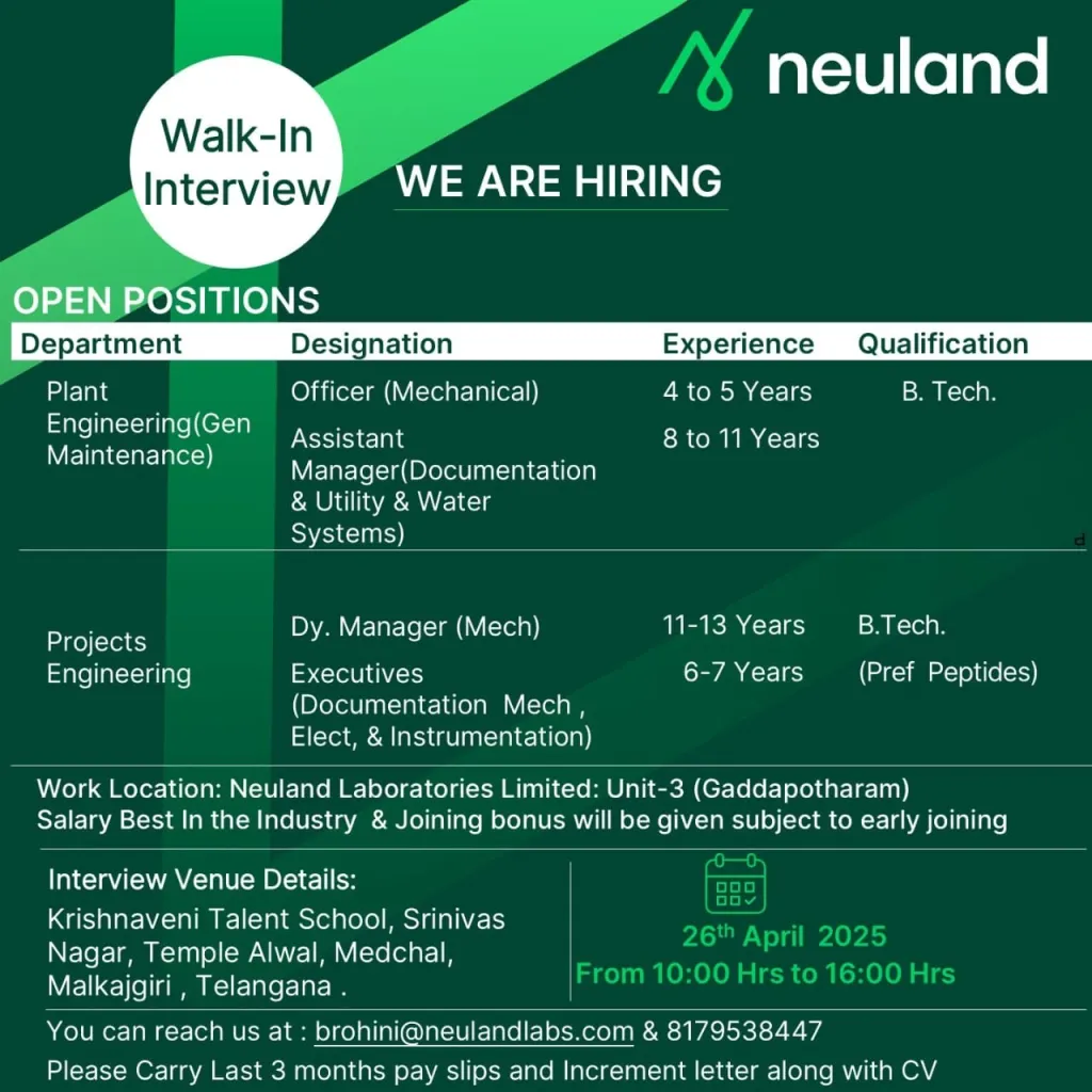 Neuland Laboratories Hiring for Plant Engineering / Projects Engineering Neuland Laboratories Hiring for Plant Engineering / Projects Engineering