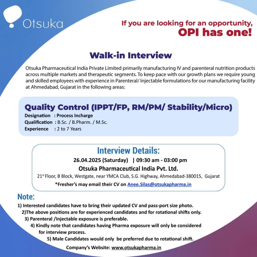 Otsuka Pharmaceutical Hiring for Quality Control Otsuka Pharmaceutical Hiring for Quality Control